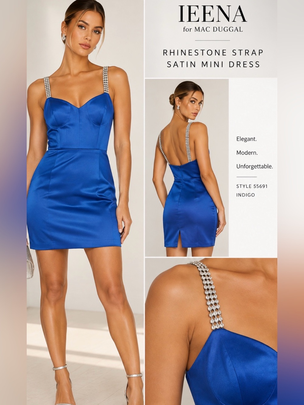 Ieena for Mac Duggal Indigo Satin Rhinestone Strap Mini Dress | Sz 4 | MSRP $238